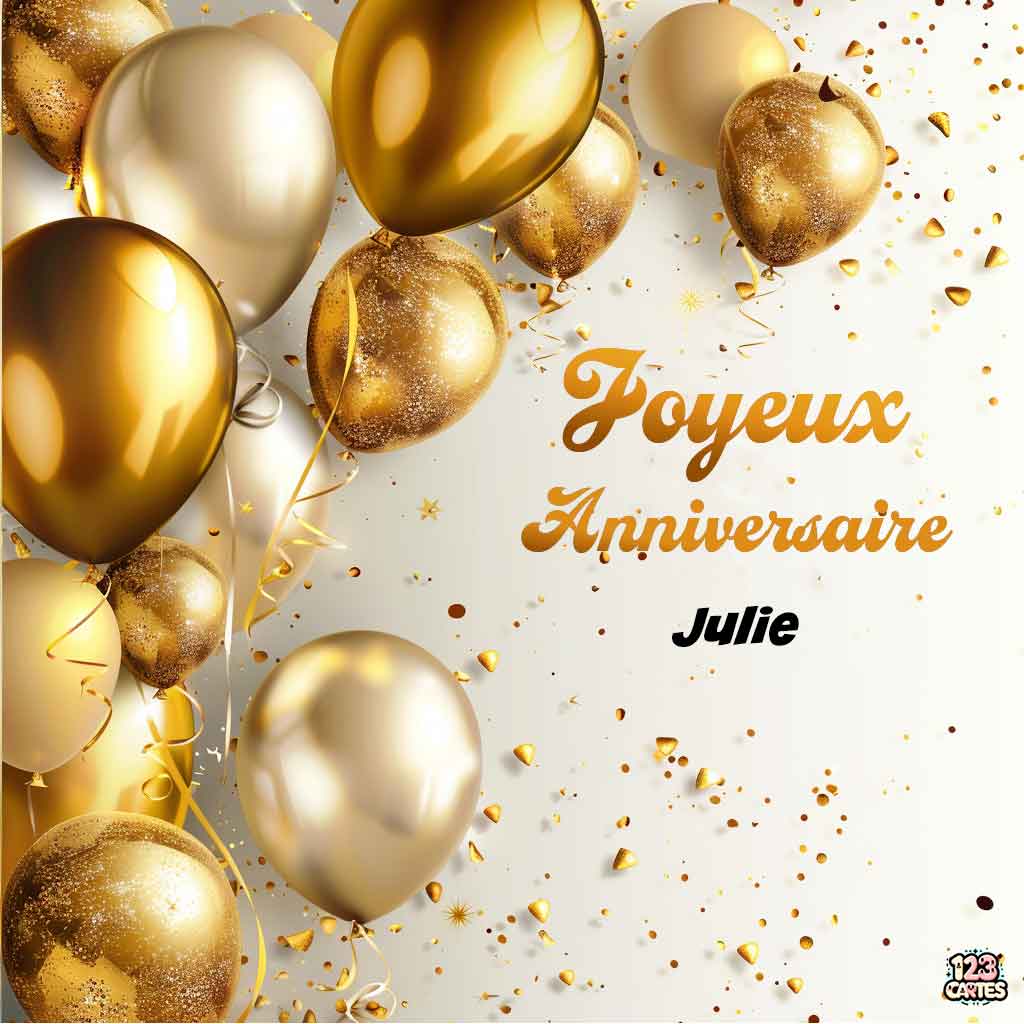 Ballons dorés et paillettes sur fond blanc avec texte "Joyeux Anniversaire Julie"