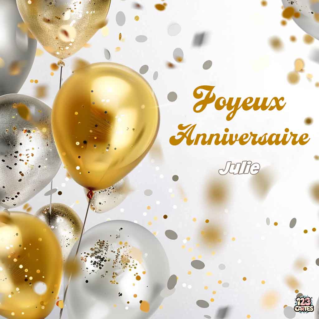 Ballons dorés et argentés avec paillettes sur fond blanc avec texte "Joyeux Anniversaire Julie"