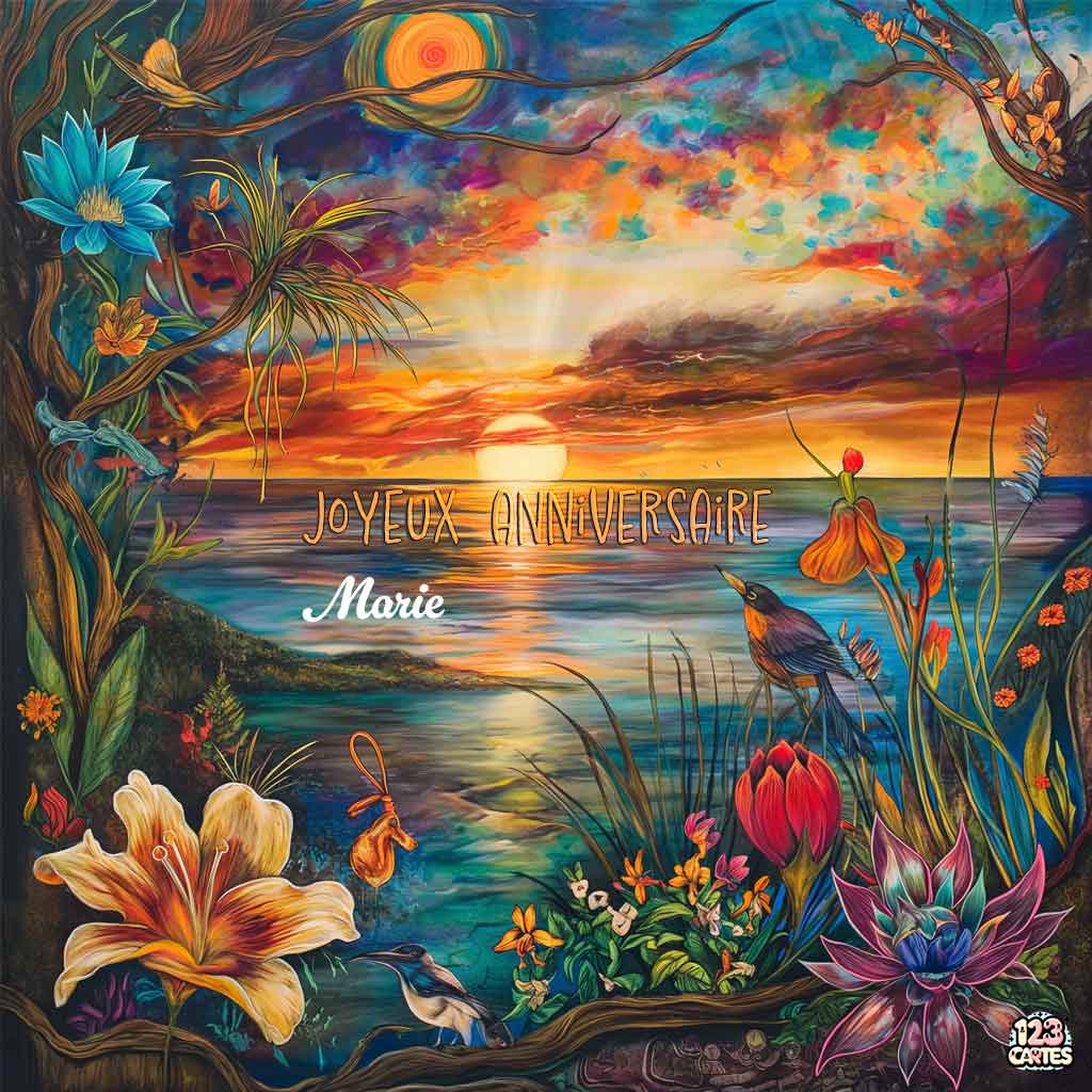 Paysage de nature coloré avec un lac et des fleurs et texte "Joyeux Anniversaire Marie"