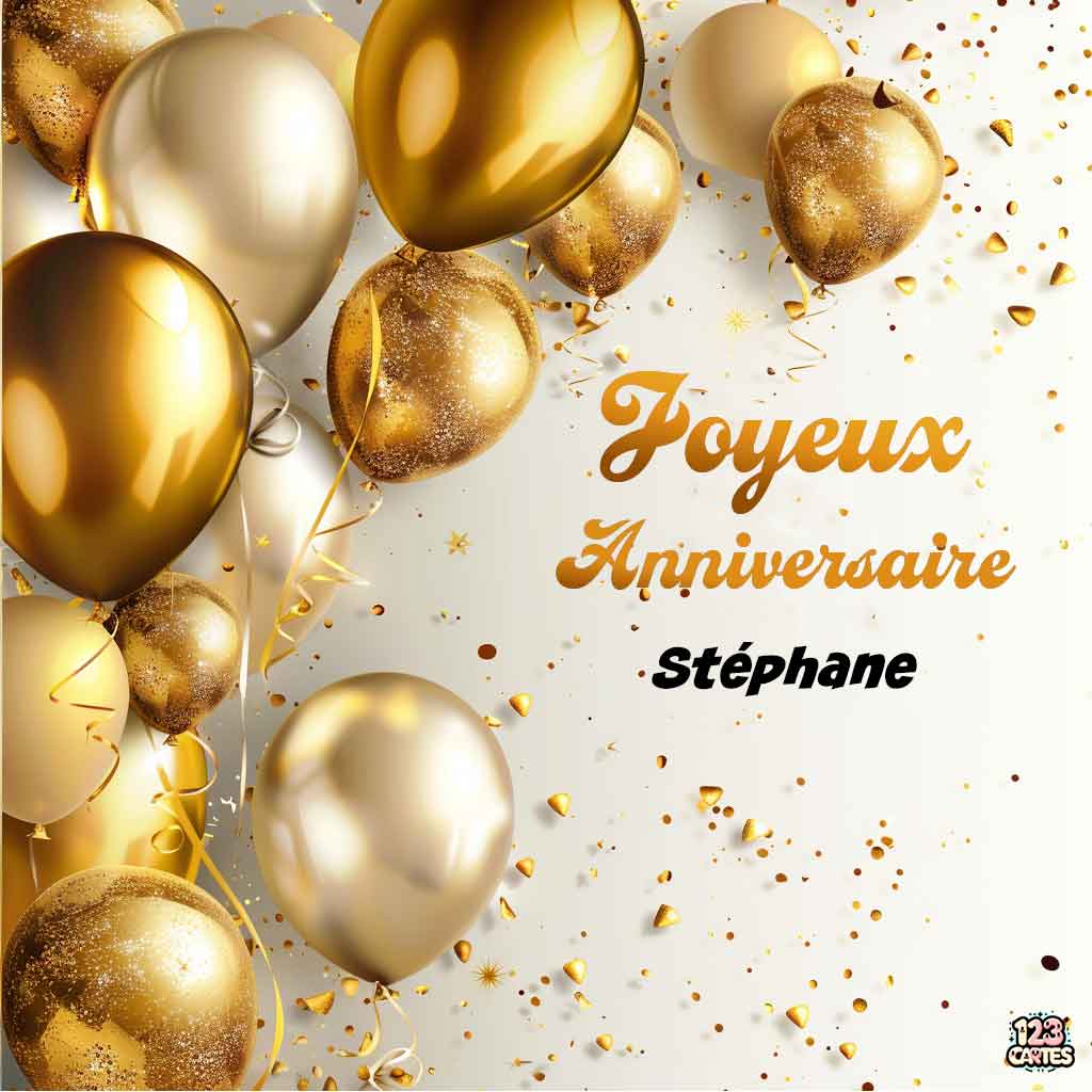 Ballons dorés et paillettes sur fond blanc avec texte "Joyeux Anniversaire Stéphane"