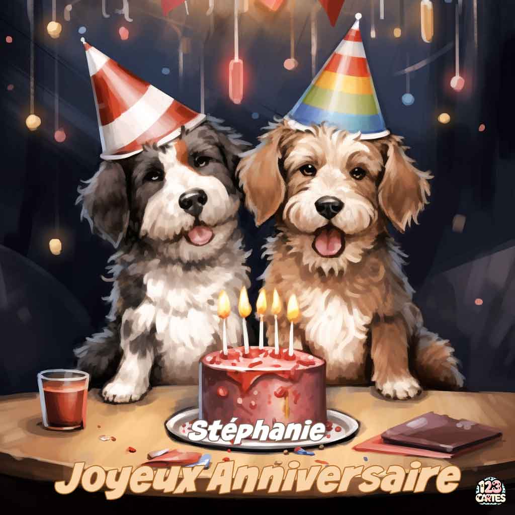 Deux chiots mignons avec des chapeaux de fête devant un gâteau d'anniversaire avec texte "Joyeux Anniversaire Stéphanie"