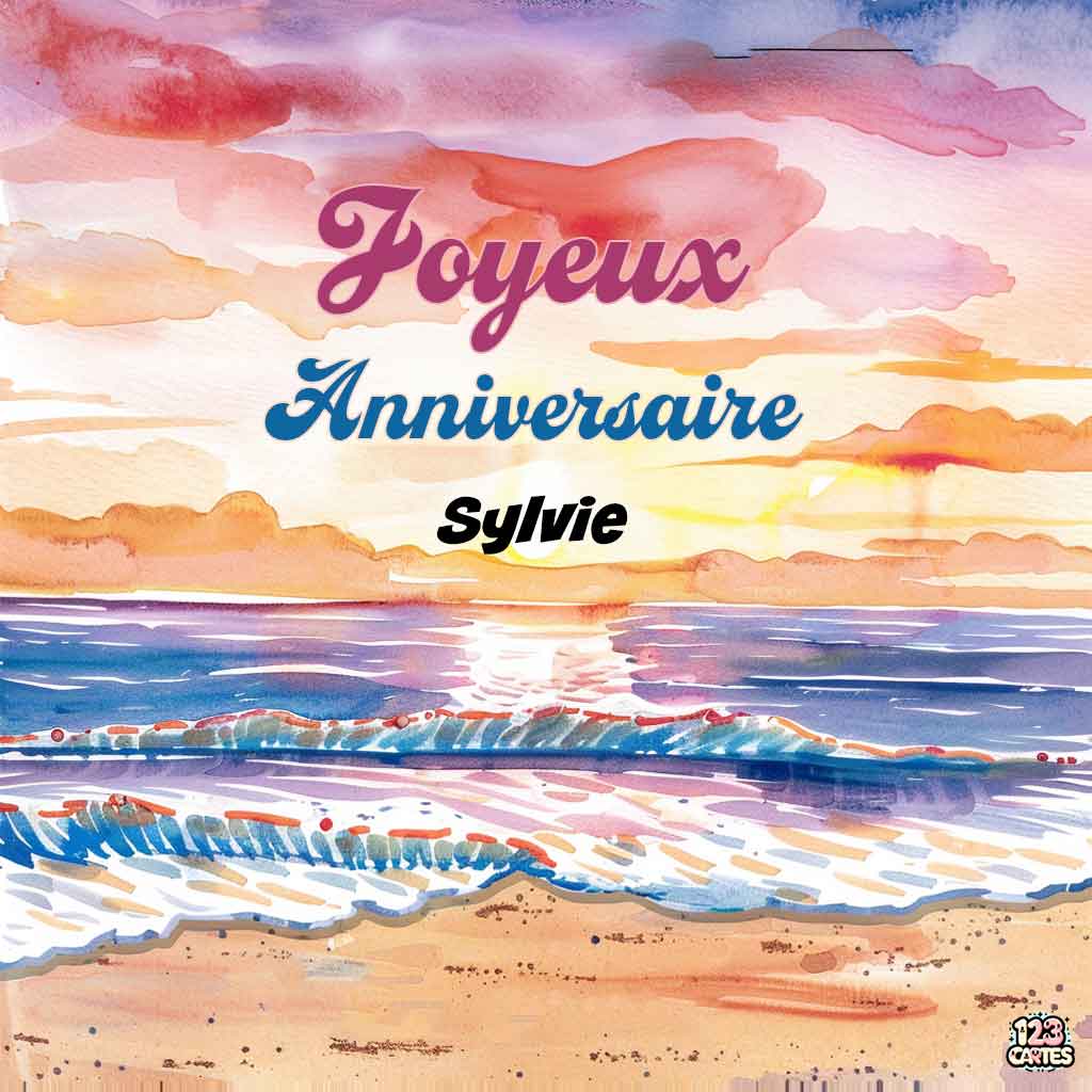 Lever de soleil sur une plage avec vagues et texte "Joyeux Anniversaire Sylvie"