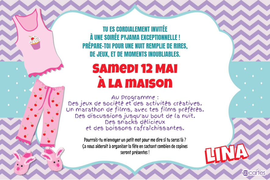 pyjama rose avec texte pour invitation à une soirée pyjama