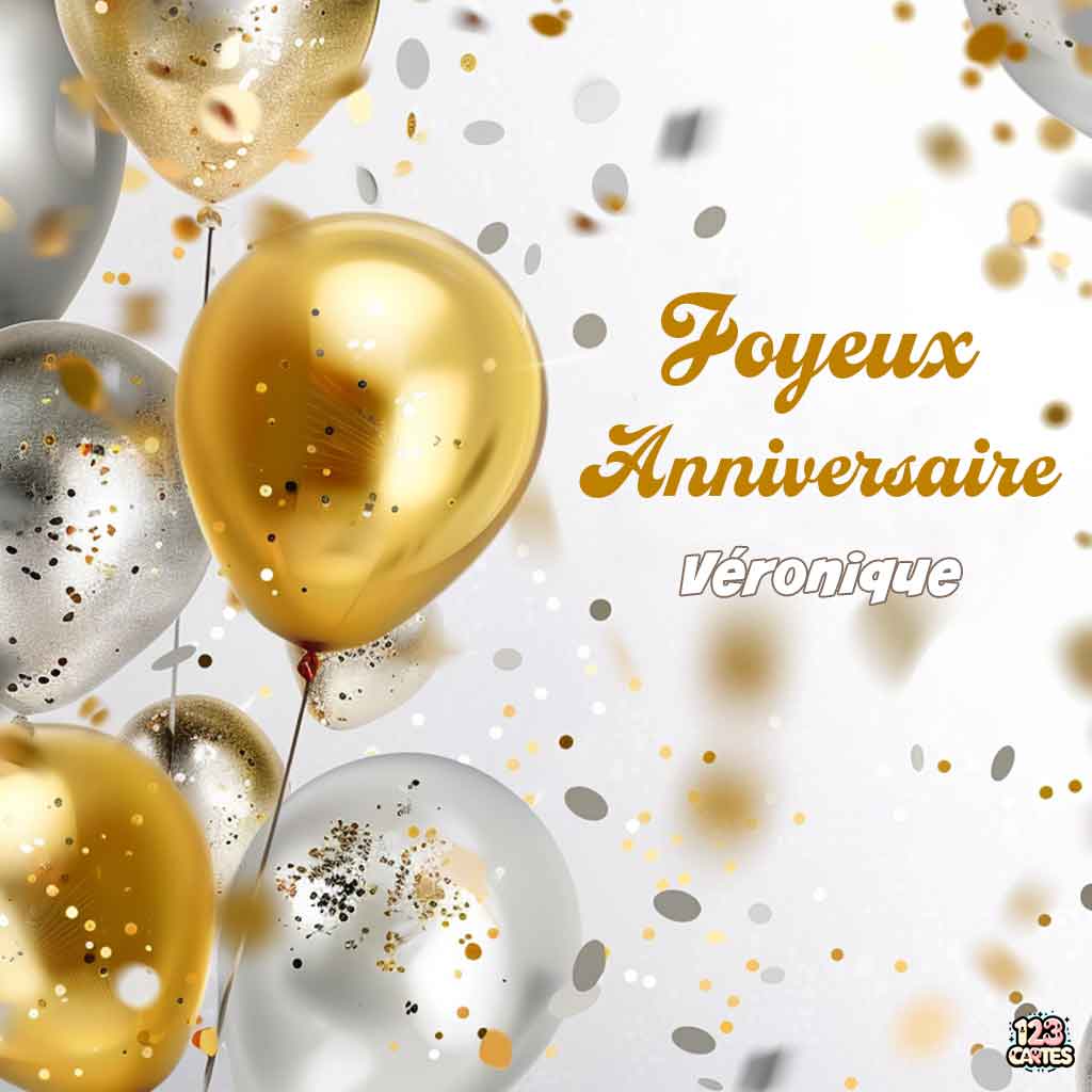 Ballons dorés et argentés avec paillettes sur fond blanc avec texte "Joyeux Anniversaire Véronique"