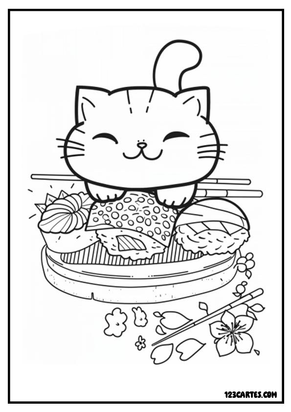 Coloriage chat mignon qui mange des sushis