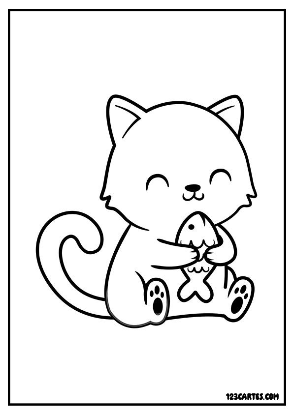 Coloriage chat avec poisson, moment gourmand