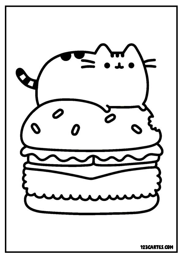 Coloriage chat sur hamburger, situation drôle