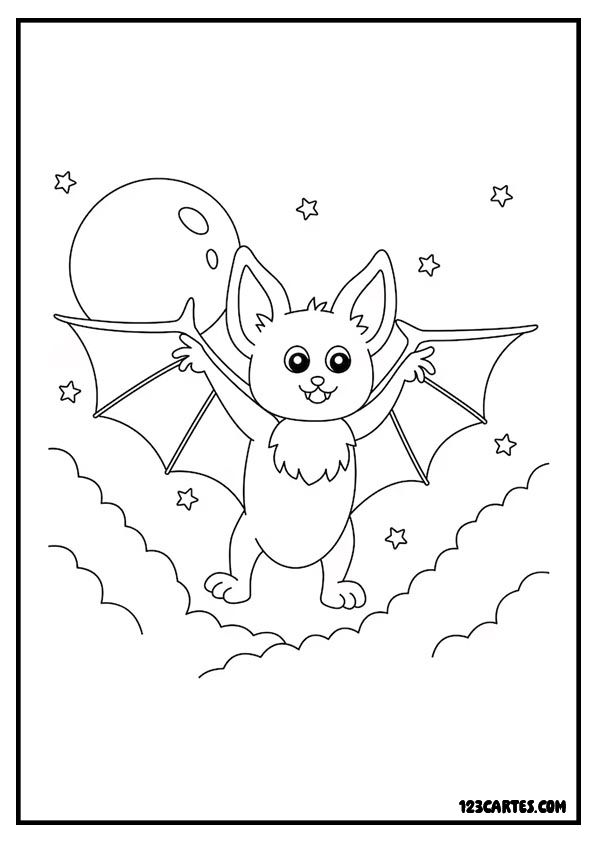 Coloriage chauve-souris volant la nuit, scène nocturne