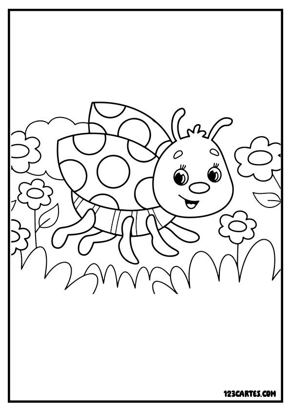 Coloriage coccinelle joyeuse dans l'herbe avec des fleurs