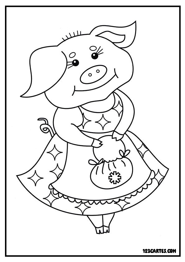 Coloriage de cochonne en robe traditionnelle