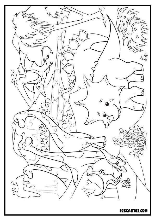 Forêt préhistorique, coloriage paysage dinosaures cachés