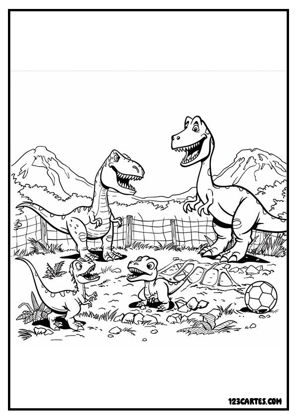 Paysage jurassique, coloriage maman et papa dinosaures et leurs petits jouant au ballon