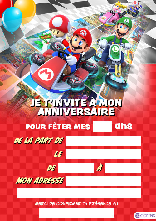 Modèle d’invitation d’anniversaire Mario Kart mettant en vedette Mario et des personnages de course