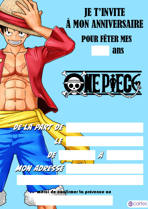 Modèle d’invitation d’anniversaire d’anime One Piece avec le personnage de Luffy pour les fans