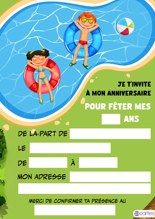 Modèle d’invitation d’anniversaire à la piscine avec des enfants nageant et flottant