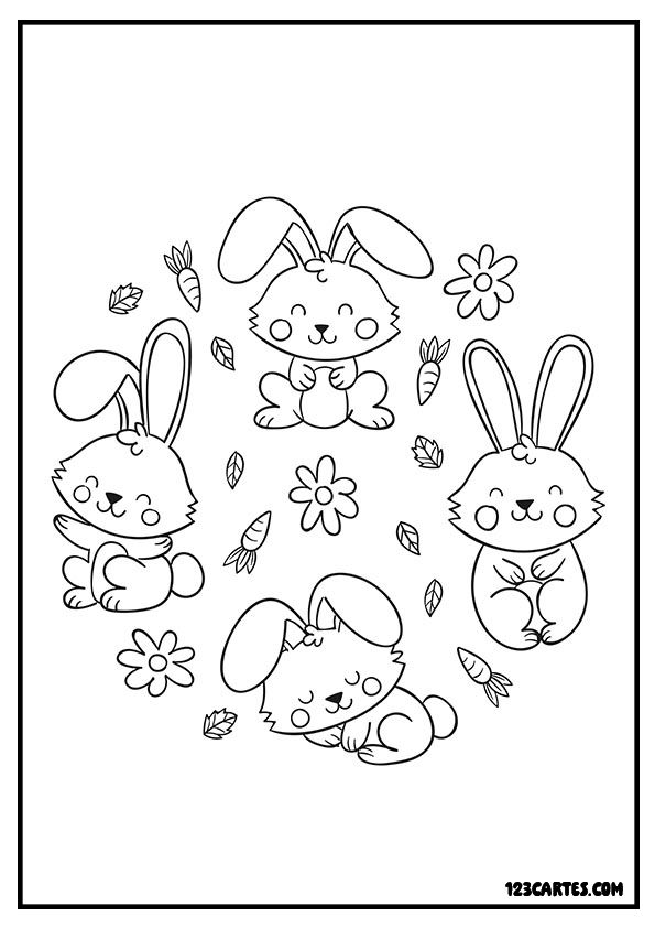 Lapins mignons et fleurs, coloriage printanier pour enfants