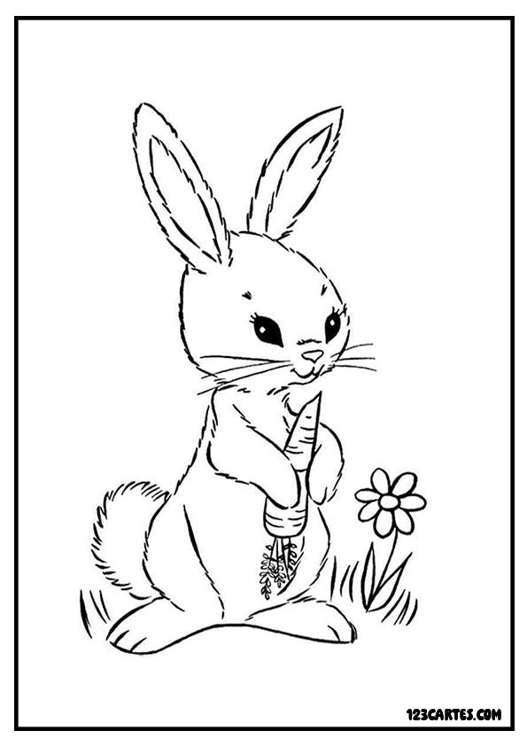 Lapin mangeant une carotte et fleur, coloriage scène champêtre