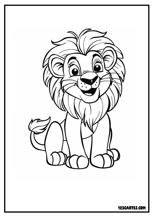 Lion heureux, dessin amusant savane à colorier