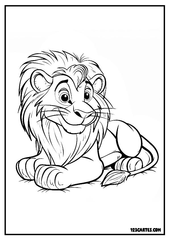 Lion allongé paisible, coloriage nature africaine