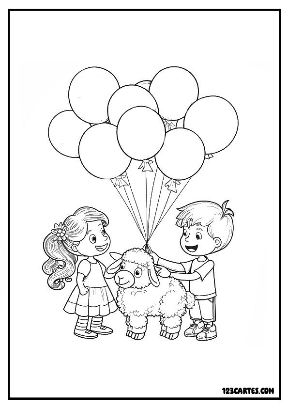 Enfants et moutons avec ballons, coloriage fête campagne