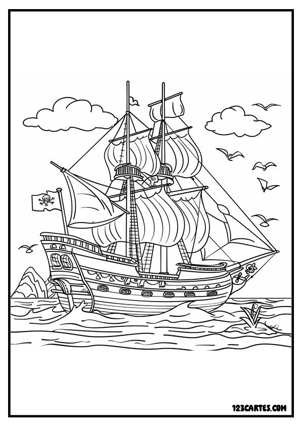 Coloriage détaillé d'un navire pirate en pleine mer, parfait pour les passionnés d'aventures