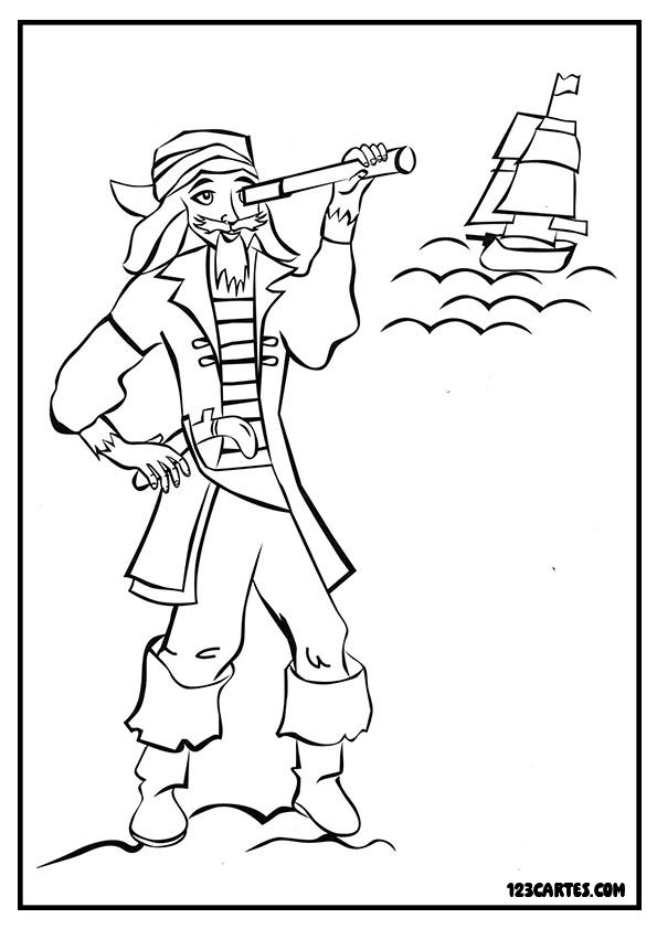 Coloriage d'un capitaine pirate avec sa longue-vue, parfait pour les aventures imaginaires