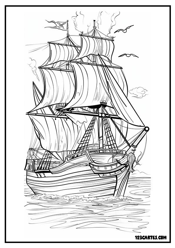 Dessin réaliste d'un grand voilier pirate, parfait pour les amateurs d'histoire maritime