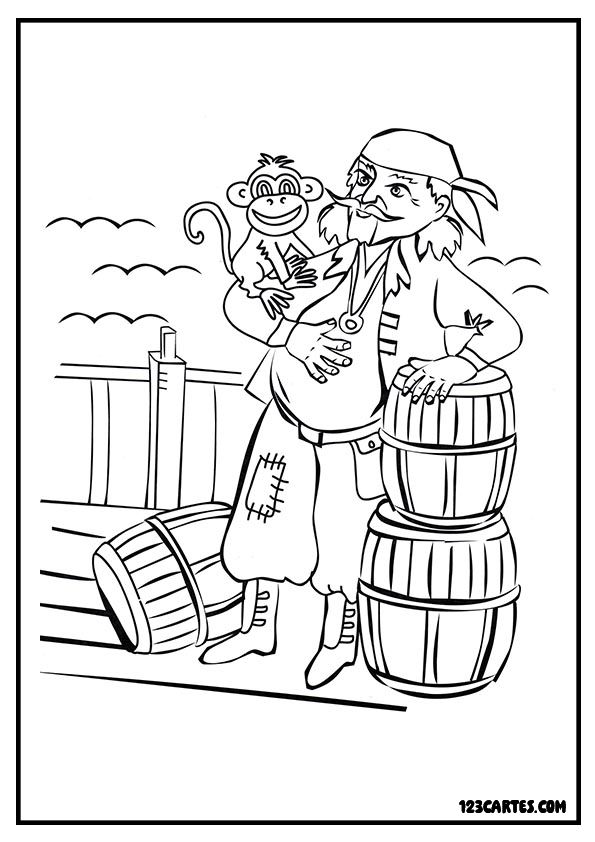 Coloriage d'un vieux pirate accompgné de son singe