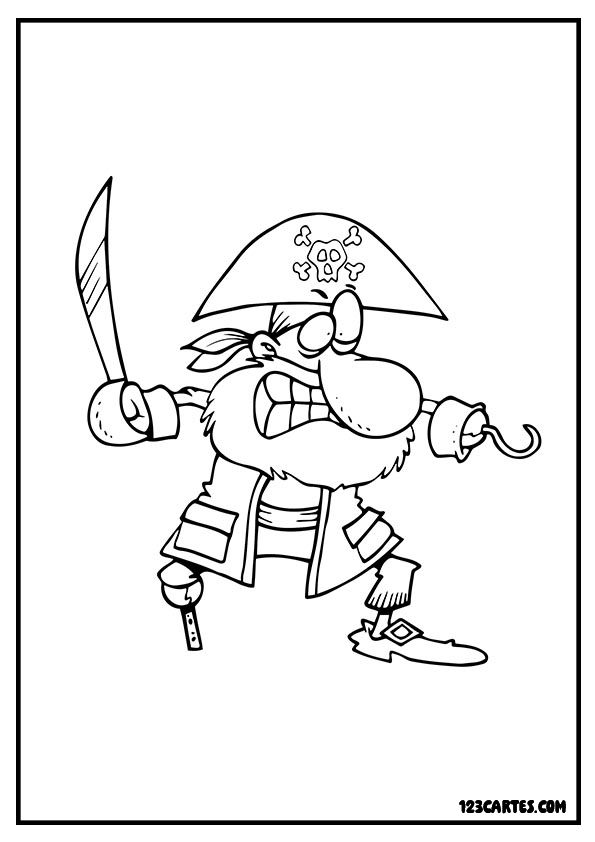 Coloriage d'un drôle de pirate avec une jambe en bois et un crochet