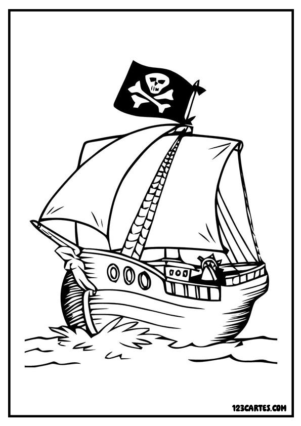 Coloriage d'un bateau pirate avec son drapeau noir, excellent pour les projets sur la navigation