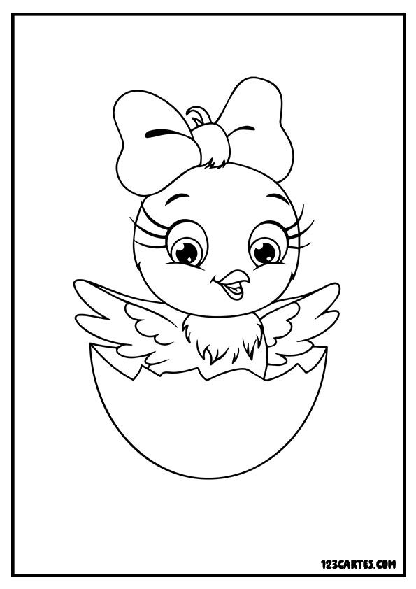 Coloriage d'un poussin avec un noeud papillon qui sort de sa coquille