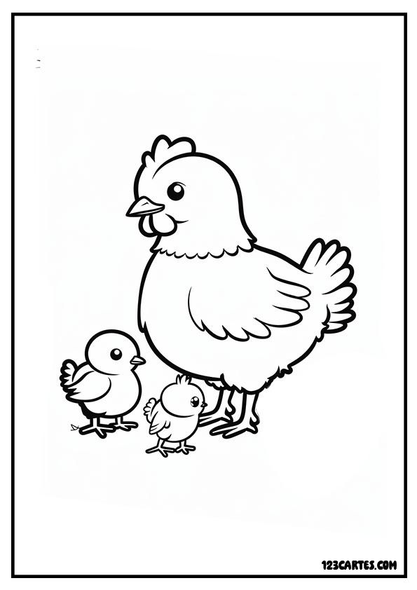 Dessin à colorier d'une poule avec son poussin, idéal pour les tout-petits