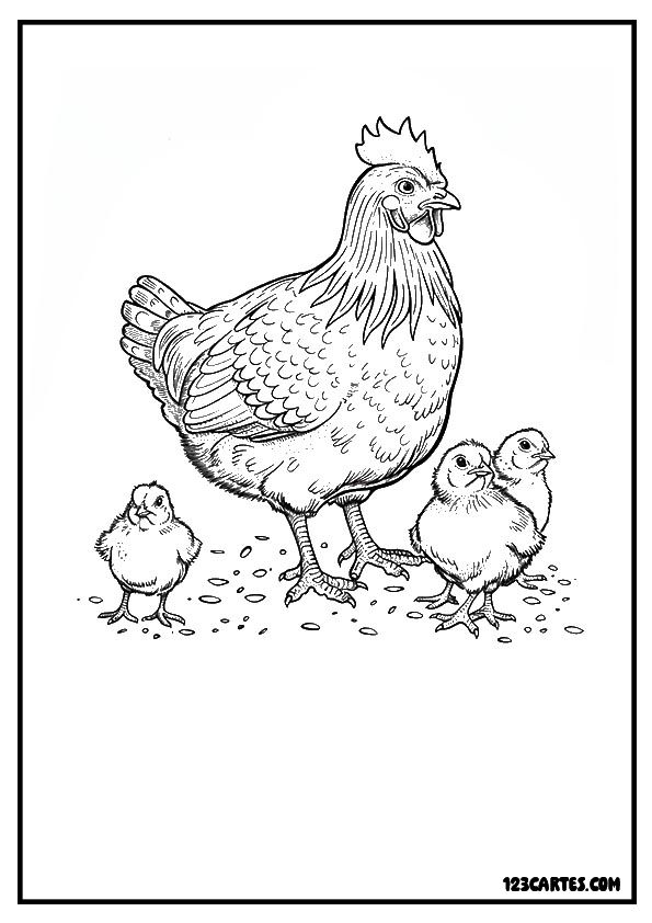 Coloriage d'une poule et ses poussins dans la basse-cour, excellent pour les thèmes ruraux