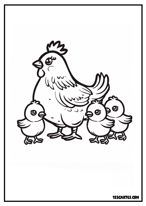 Illustration amusante d'une poule protégeant ses trois poussins, parfaite pour les histoires