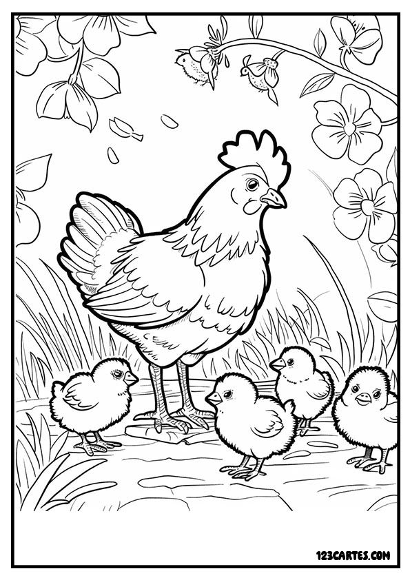 Coloriage printanier d'une poule et ses poussins parmi les fleurs