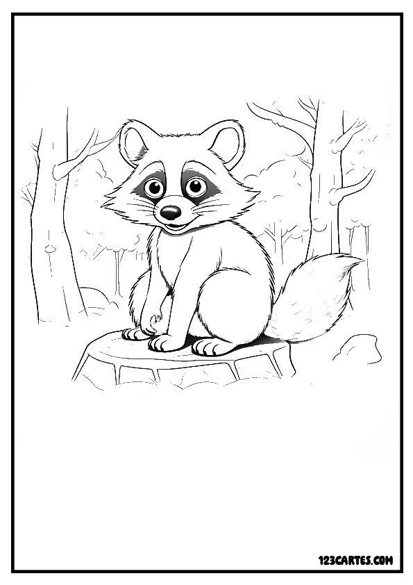 Coloriage d'un petit raton laveur dans les bois, parfait pour les activités sur la forêt