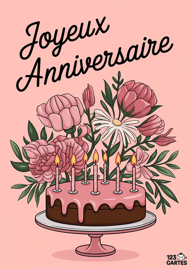 Carte d'anniversaire avec gâteau chocolat rose, bougies allumées, bouquet de fleurs roses en arrière-plan sur fond rose.