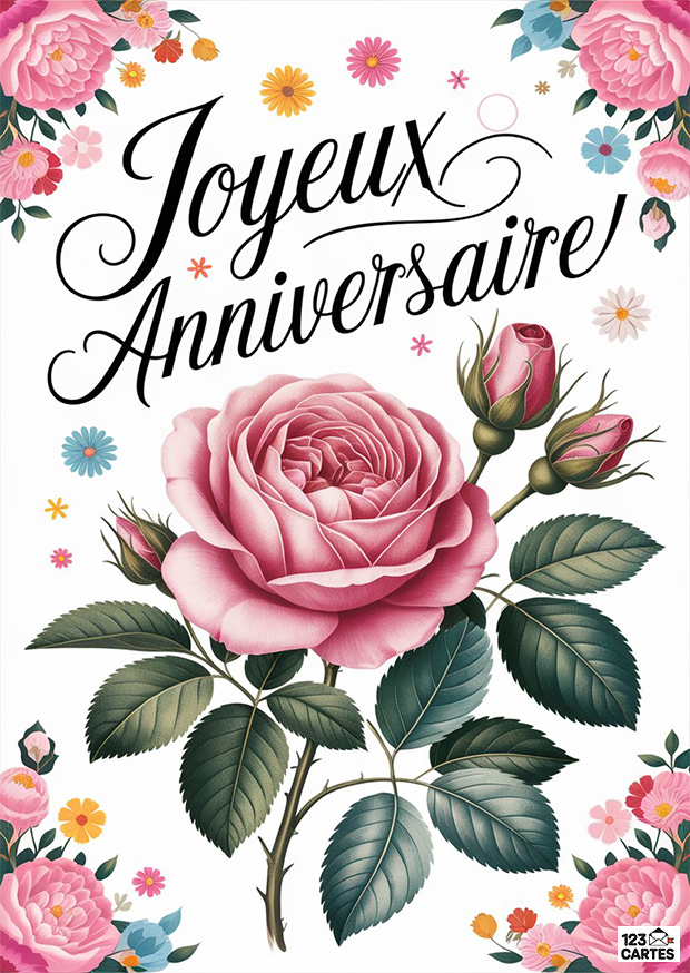 Carte d'anniversaire féminine avec texte Joyeux Anniversaire en calligraphie, ornée de roses roses et de fleurs colorées.