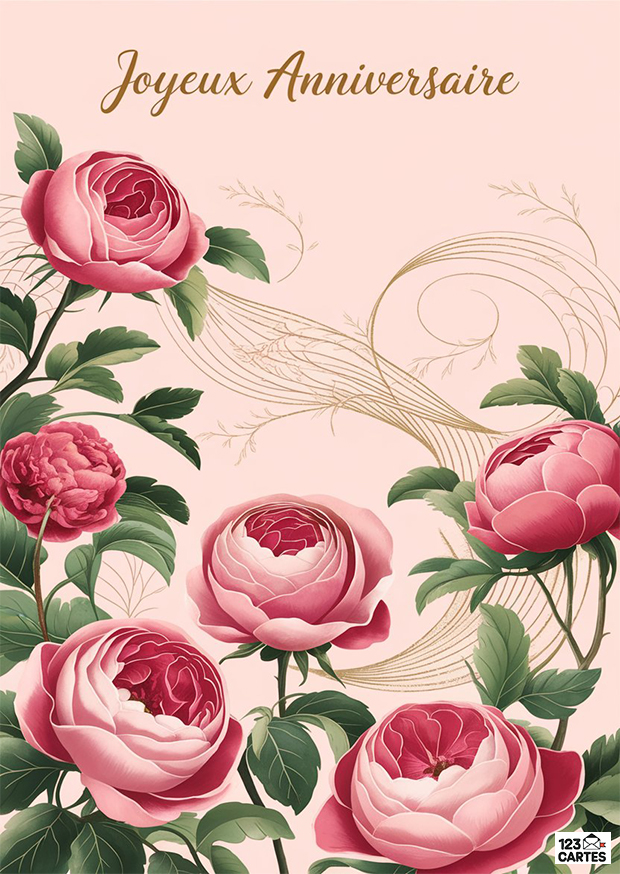 Joyeux anniversaire écrit en lettres dorées sur fond rose avec des pivoines roses et feuillage vert en motif floral élégant.