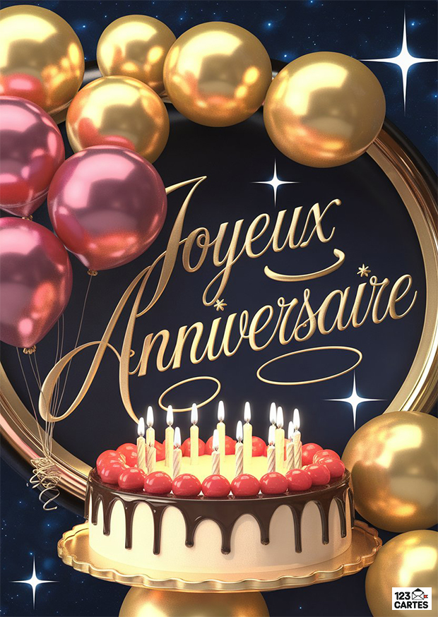 Ballons dorés et roses, texte Joyeux Anniversaire, gâteau aux cerises et bougies, fond étoilé bleu nuit.