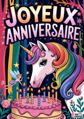 Carte anniversaire licorne magique, fée et gâteau rose à bougies colorées dans une forêt enchantée.