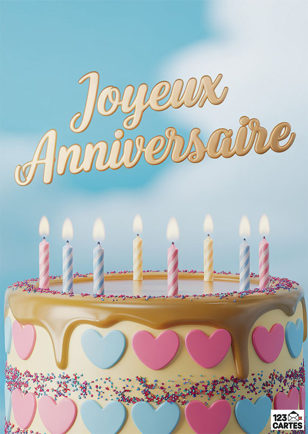 Carte anniversaire avec gâteau coloré, bougies allumées. Texte Joyeux Anniversaire en or. Fond ciel bleu clair.