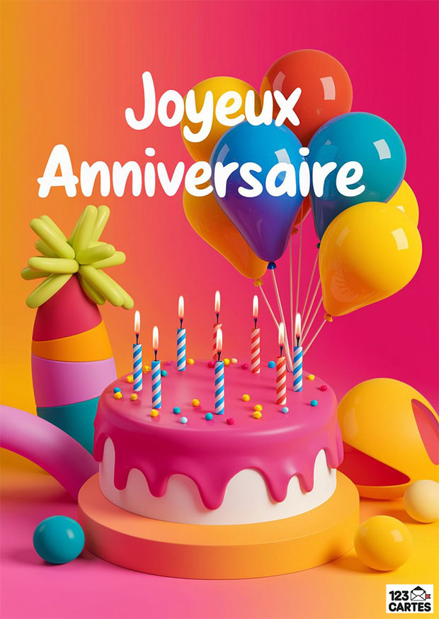 Gâteau rose avec bougies et ballons colorés, texte Joyeux Anniversaire sur fond vibrant. Fête, célébration, joie.