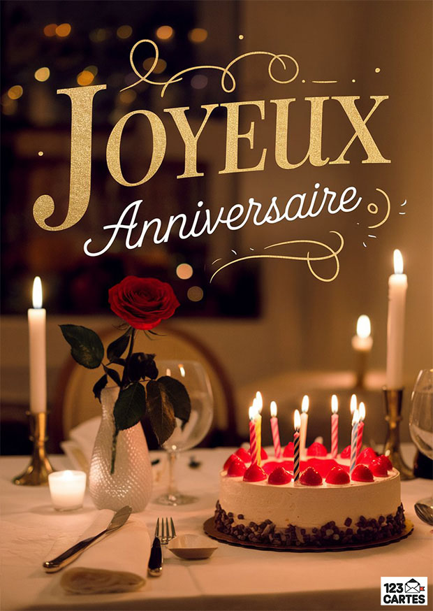 Carte d'anniversaire romantique avec gâteau aux fraises, bougies, rose rouge et texte Joyeux Anniversaire doré.