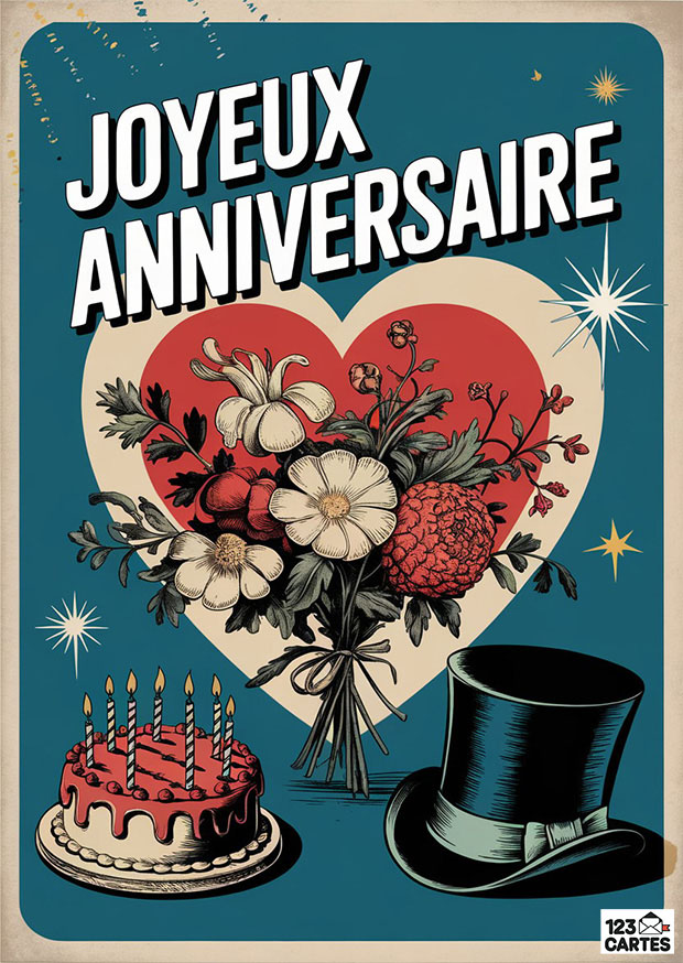 Carte anniversaire vintage avec cœur rouge, bouquet de fleurs, gâteau à bougies et chapeau haut-de-forme.