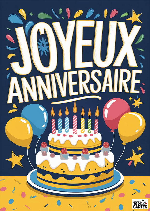 Carte joyeuse avec gâteau d’anniversaire, bougies et ballons colorés. Idéale pour souhaits d'anniversaire festifs.