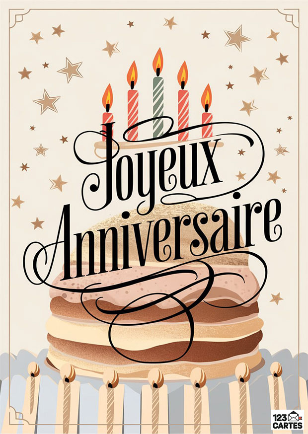 Carte d'anniversaire vintage avec gâteau, bougies colorées et étoiles dorées. Design élégant pour célébrer joyeusement.