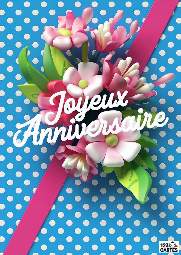 Carte anniversaire avec fleurs roses et blanches sur fond bleu à pois. Message Joyeux Anniversaire en blanc élégant.