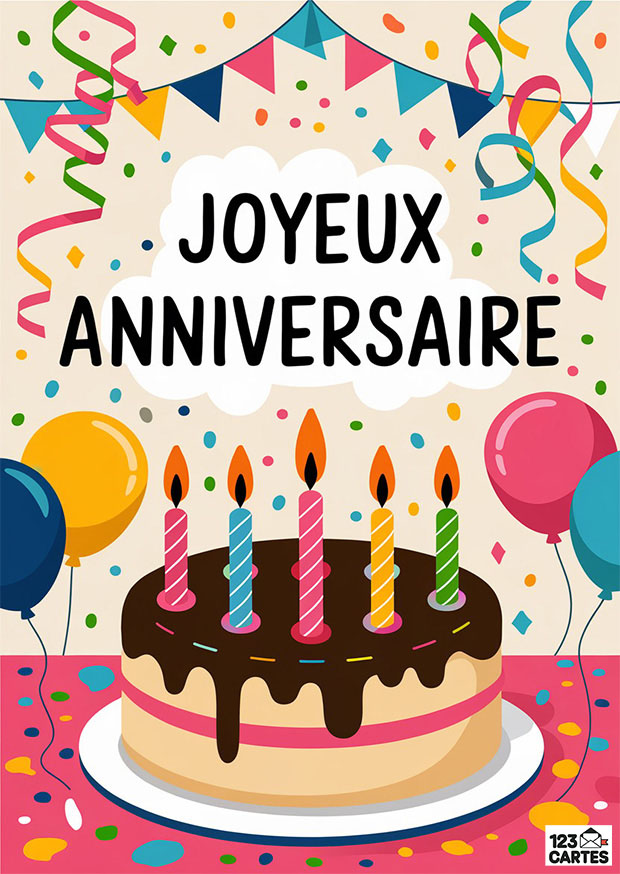 Carte anniversaire festive avec gâteau, bougies colorées, ballons, confettis et banderoles. Texte Joyeux Anniversaire.