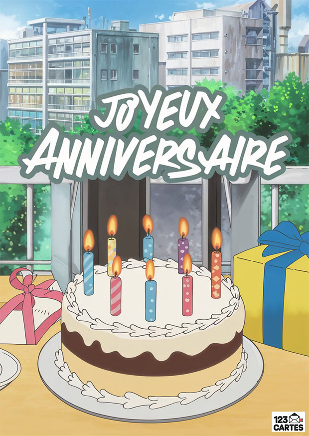 Carte d'anniversaire festive avec gâteau, bougies colorées allumées, cadeaux et paysage urbain. Idéale pour célébrer.